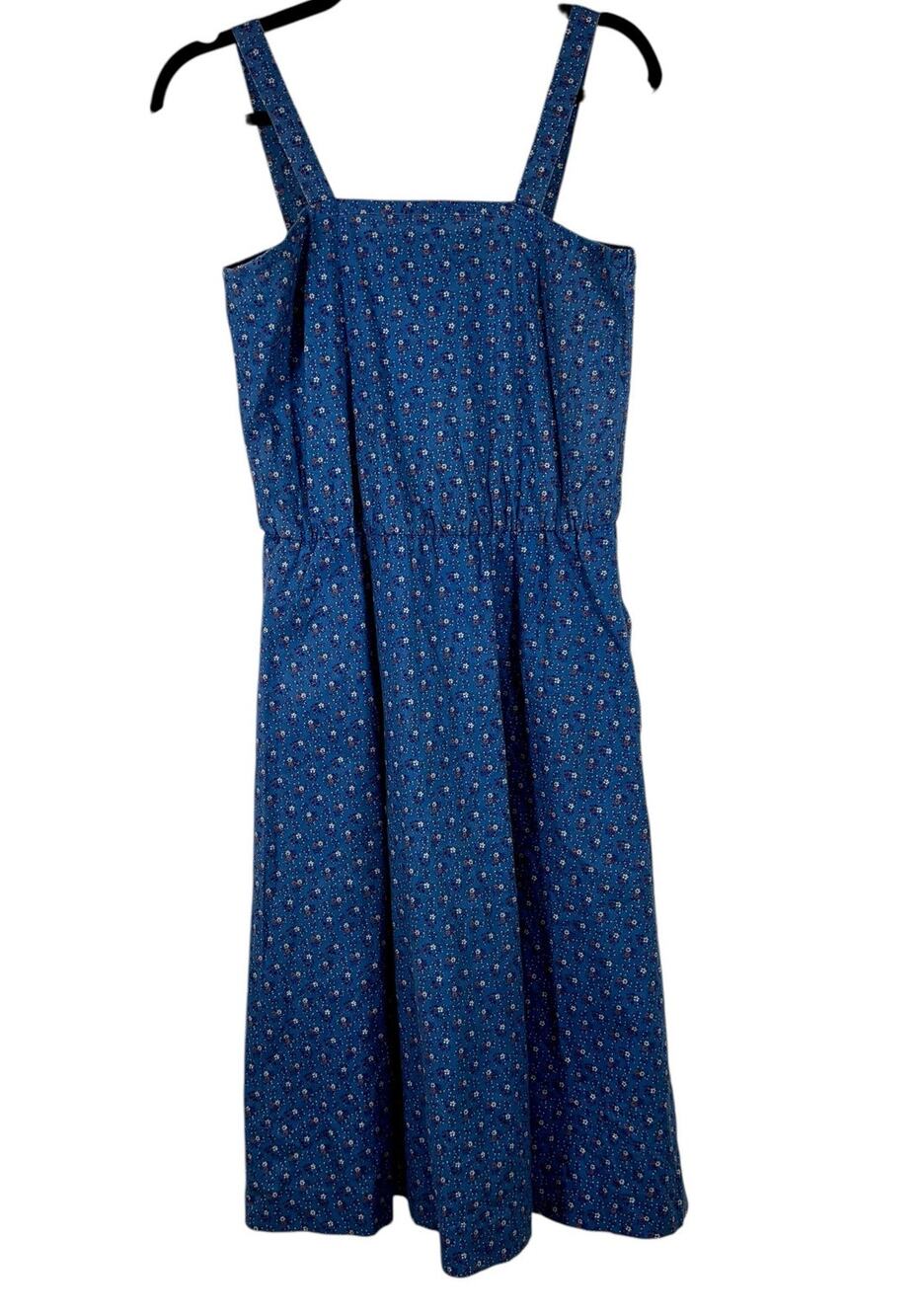 Vintage 1950s Blue Ditsy Floral Cotton Day Dress Pockets Fit & Flare Full Skirt